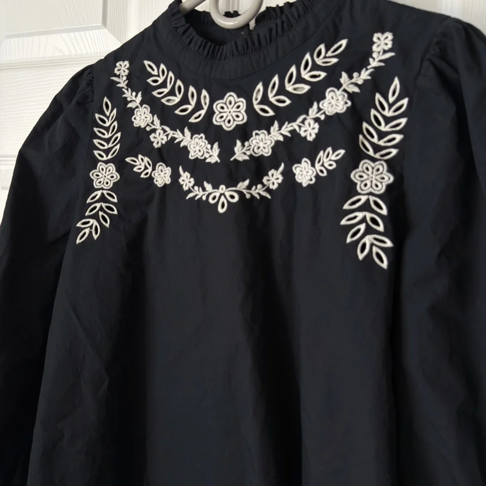 LOFT Embroidered Floral Blouse | Puff Sleeve Boho Top | LOFT Blouse | Small